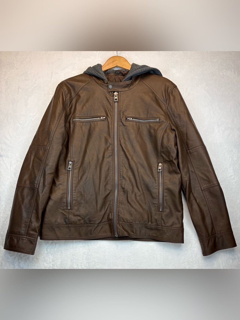 Guess Brown Faux Leather Bomber Jacket with Gray Hooded Liner